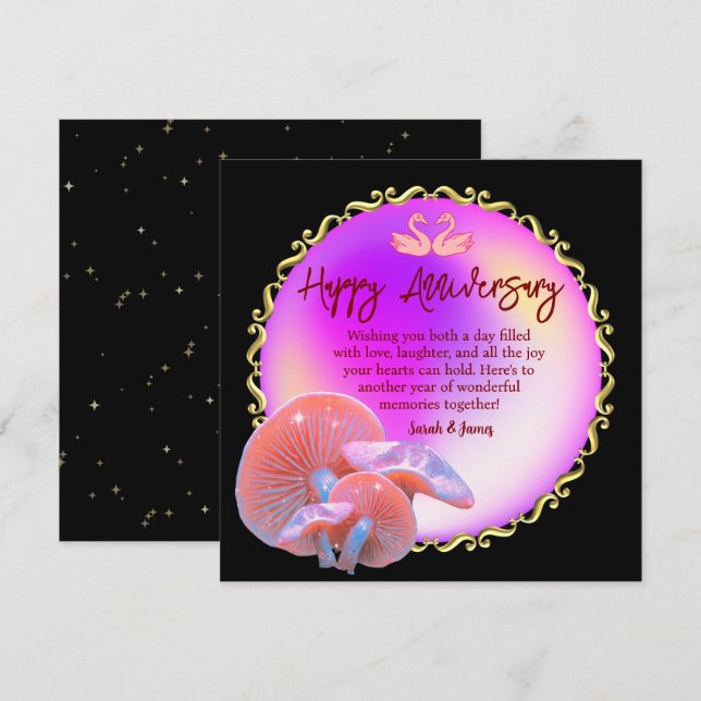 Tarjeta Romántico Pastel de Cisne Feliz Aniversario de Oro (Anverso / Reverso)