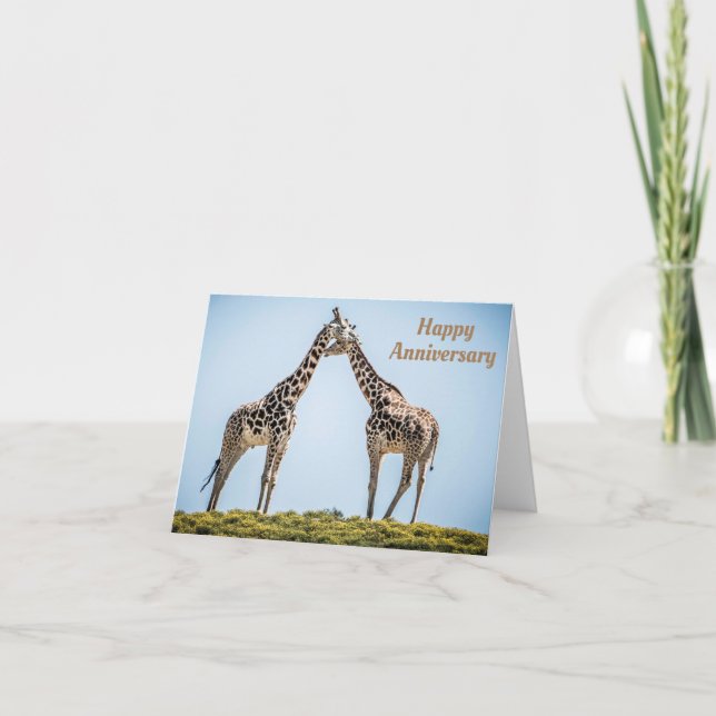 Tarjeta Romántico retrato de pareja de jirafas feliz anive (Anverso)