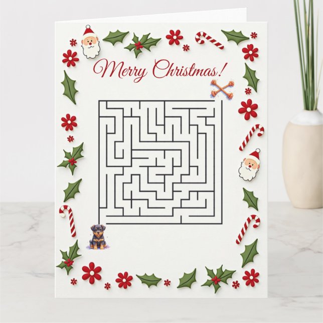 Tarjeta Rompecabezas de laberinto de Navidad de perro Rott (Anverso)