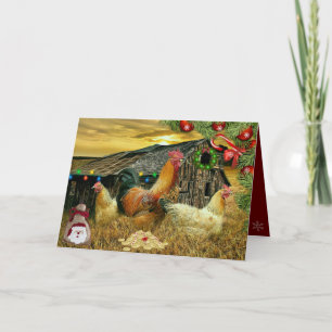Tarjeta Rooster Hens Rustic Barn Navidades Wreath Presenta