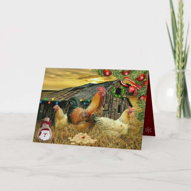 Tarjeta Rooster Hens Rustic Barn Navidades Wreath Presenta (Anverso)