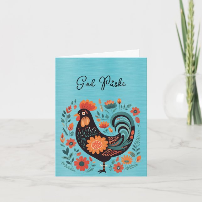 Tarjeta Rooster Naranja Negro Turquoise God Påske (Anverso)