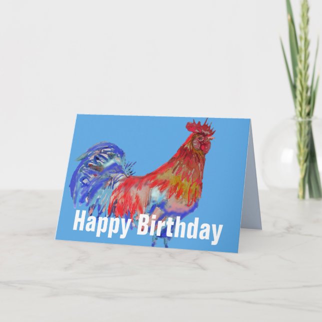 Tarjeta Rooster Rojo Azul Acuarela Pollo Roosters pájaros (Anverso)