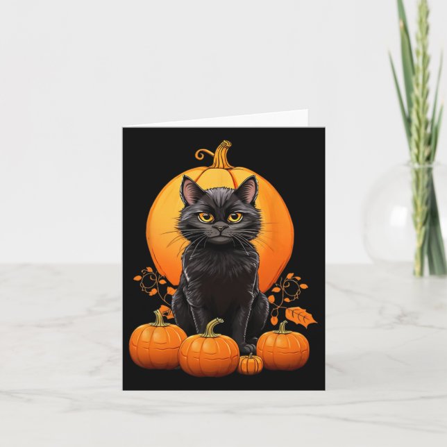 Tarjeta Ropa De Calabaza De Halloween De Gato Negro Retro  (Anverso)
