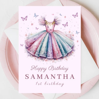 Tarjeta Ropa de princesa pastel para un primer cumpleaños