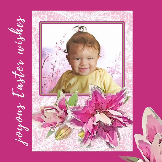 Tarjeta rosa Azaleas y foto de encaje de Pascua (Pretty Azalea blooms and white lace Easter photo frame card.)