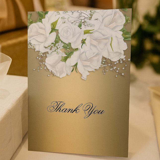 Tarjeta Rosa Blanca Bridal, Bouquet, Boda Dorado Gracias (White Bridal Rose Bouquet Gold Wedding Thank You Card by the Elegant Wedding)