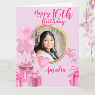 Tarjeta Rosa con regalos y globos, foto redonda