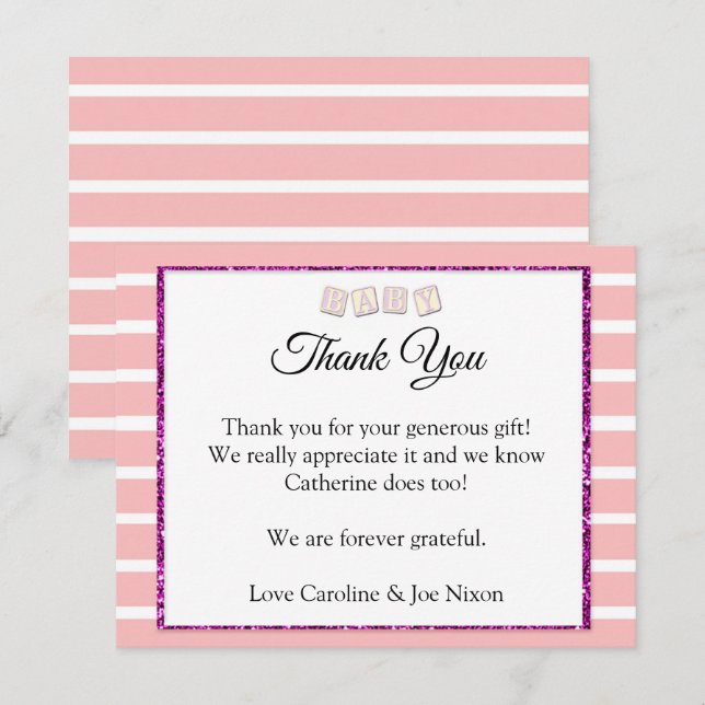Tarjeta rosa de agradecimiento de Baby Shower (Anverso / Reverso)