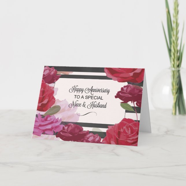 Tarjeta Rosa de aniversario de Boda de sobrina y esposo (Anverso)