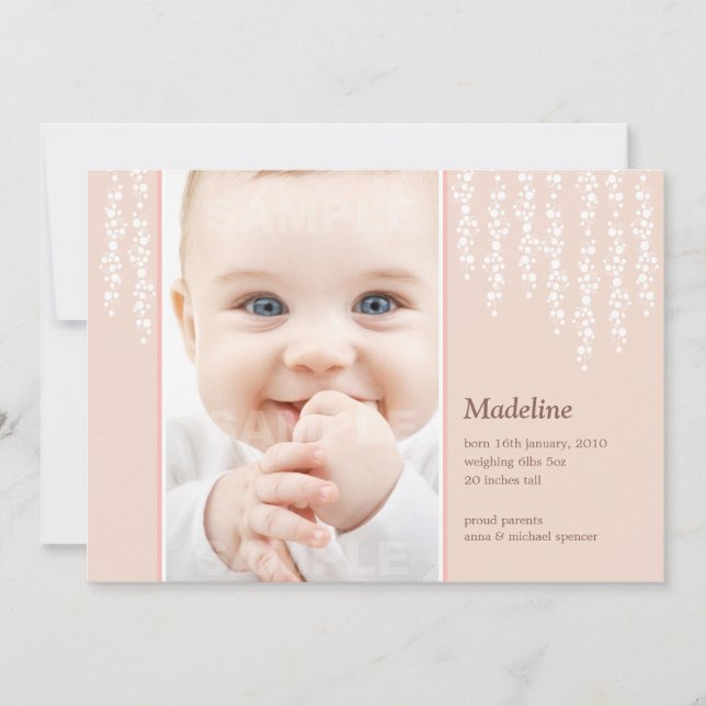 Tarjeta rosa de anuncio de nacimiento de Vides Cap (Anverso)