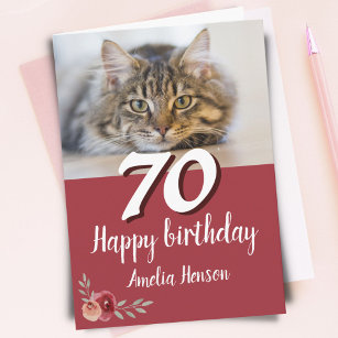 Tarjeta Rosa de color rojo foto de gato 70 cumpleaños