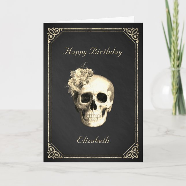 Tarjeta Rosa de cráneo gótico Cumpleaños personalizado (Anverso)