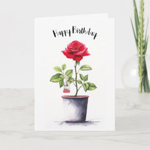 Tarjeta Rosa de cumpleaños rojo acuarela