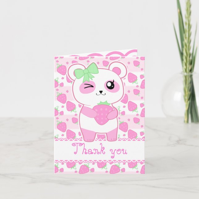 Tarjeta Rosa de fresa suave Kawaii Panda cumpleaños (Anverso)