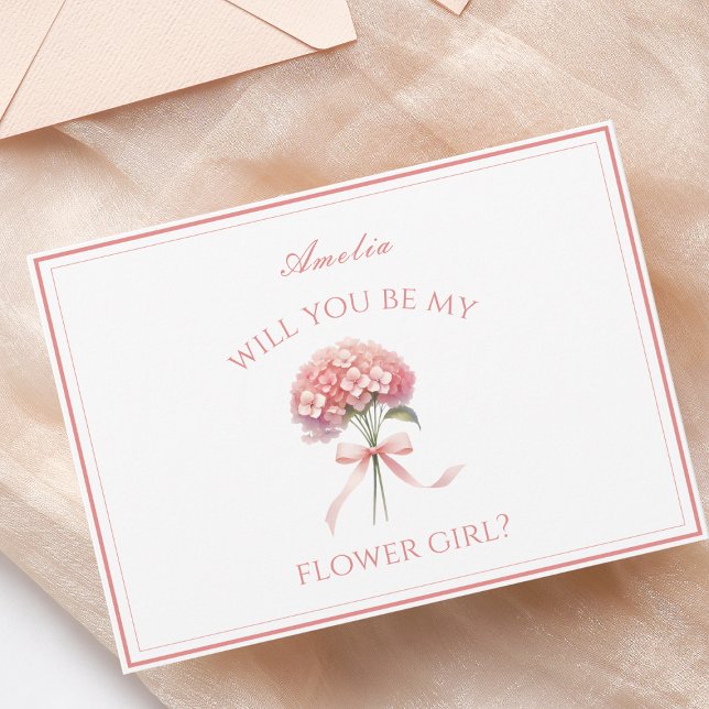 Tarjeta Rosa de hidrangea con flores de vaca personalizada (Personalized flower girl card with a pink hydrangea design, perfect for a romantic garden wedding.)