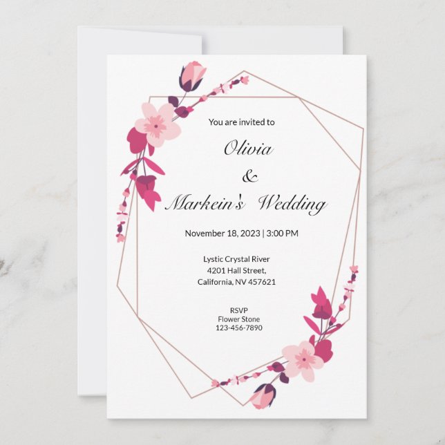 Tarjeta rosa de invitación a la boda sakura (Anverso)