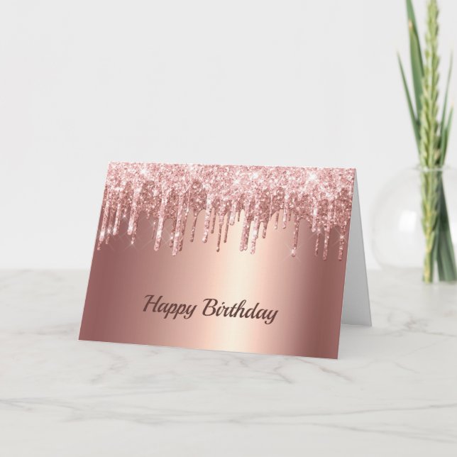 Tarjeta Rosa de moda Purpurina de oro Drips cumpleaños grá (Anverso)