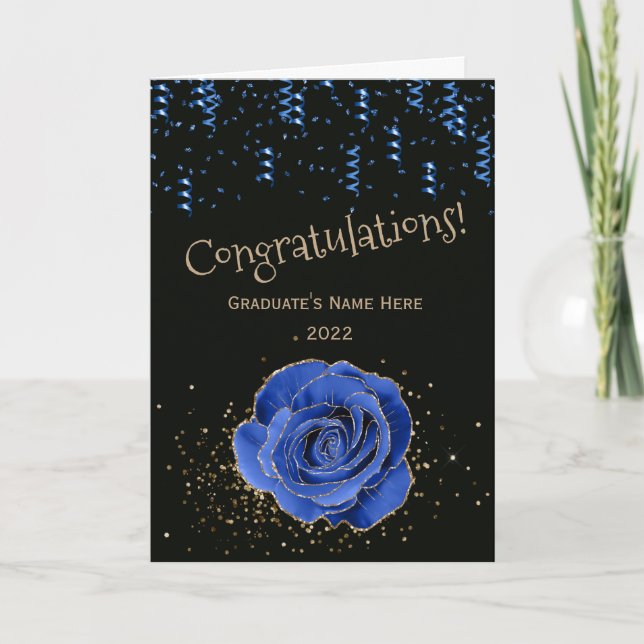 Tarjeta Rosa de oro azul de moda felicitaciones graduación (Anverso)