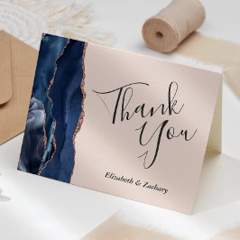 Tarjeta Rosa de Oro Azul Marino Agradecimiento de Boda de