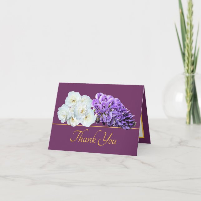 Tarjeta Rosa de oro morado Wisteria Flor Bouquet Gracias (Anverso)
