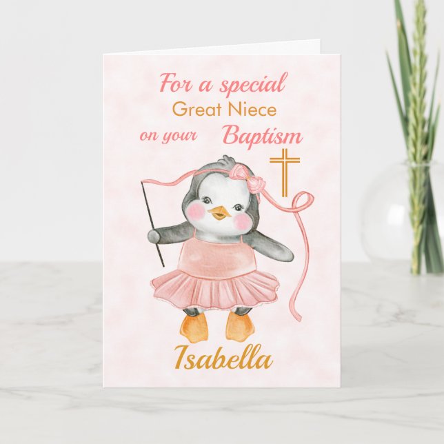Tarjeta rosa de Penguin Ballerina de Baptismo Cuto (Anverso)