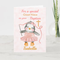 Tarjeta rosa de Penguin Ballerina de Baptismo Cuto