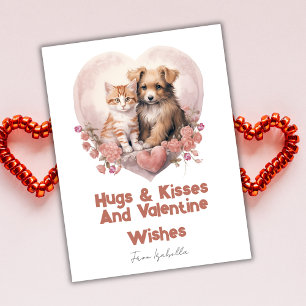 Tarjeta rosa de San Valentín para gato y perro con