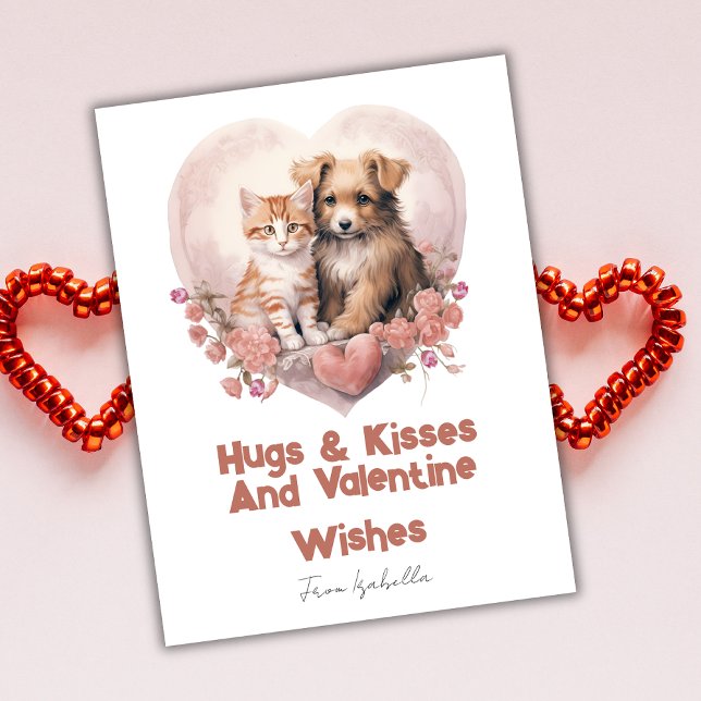 Tarjeta rosa de San Valentín para gato y perro con (Subido por el creador)