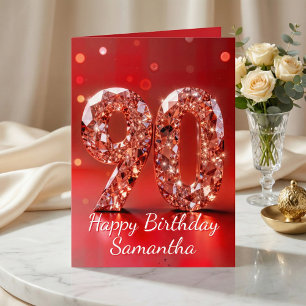 Tarjeta Rosa Diamante Dorado Cumpleaños 90 Destello Rojo