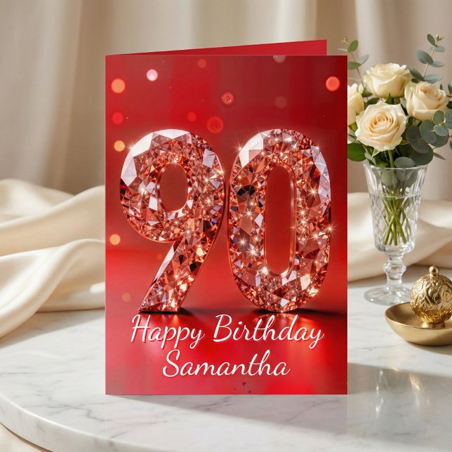 Tarjeta Rosa Diamante Dorado Cumpleaños 90 Destello Rojo (Subido por el creador)