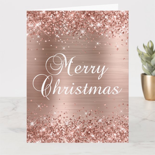 Tarjeta Rosa Dorado Brillante Gran Feliz Navidad (Planta pequeña)