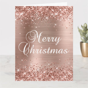Tarjeta Rosa Dorado Brillante Gran Feliz Navidad