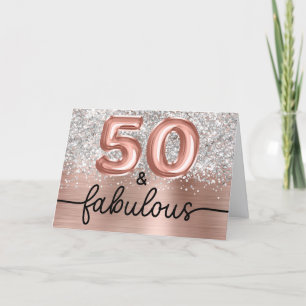 Tarjeta Rosa Dorado Brillo Plateado Glam 50 y Fabuloso