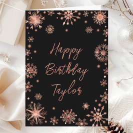 Tarjeta Rosa Dorado Copos de Nieve Feliz Cumpleaños