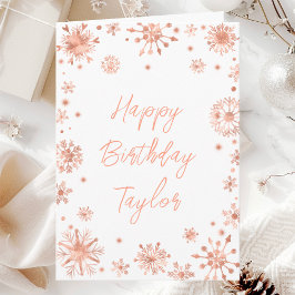Tarjeta Rosa Dorado Copos de Nieve Feliz Cumpleaños