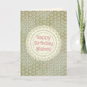 Tarjeta Rosa estilo vintage Doily Green Damask Cumpleaños