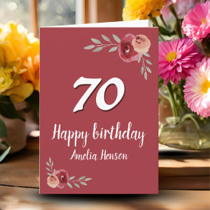 Tarjeta Rosa floral acuarela roja cumpleaños 70