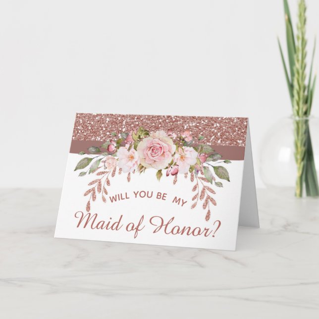 Tarjeta Rosa Floral de oro serás mi empleada de honor (Anverso)