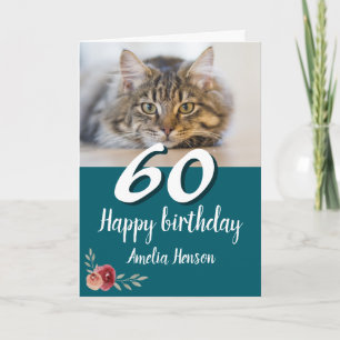 Tarjeta Rosa Gato Foto Acuarela Roja Cumpleaños 60 