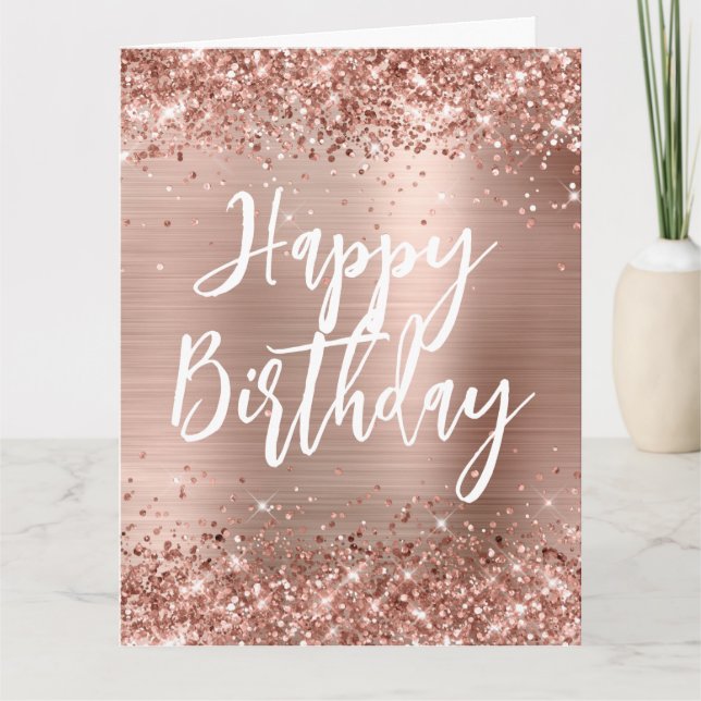 Tarjeta Rosa Gold Purpurina estilo manuscrito Feliz cumple (Anverso)