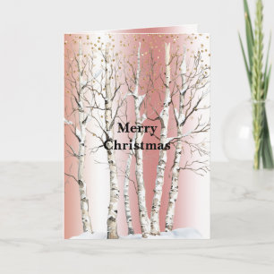 Tarjeta Rosa Melocotón Abedules Dorado Brillo Navidad