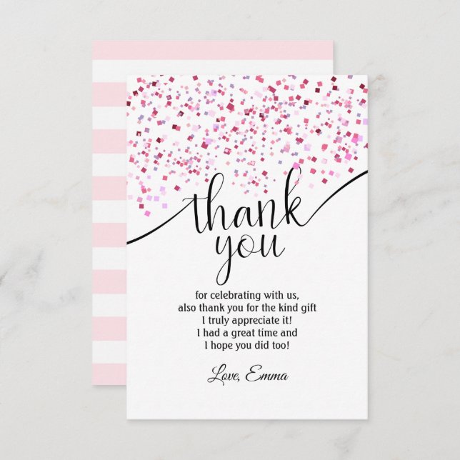 tarjeta rosa, niña, confeti, tarjeta de gracias (Anverso / Reverso)