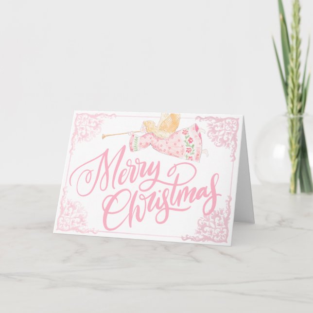 Tarjeta Rosa Pastel Ángel Feliz Navidad (Anverso)