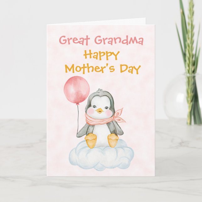 Tarjeta rosa pingüino en el Día de la Madre de la  (Anverso)