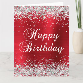 Tarjeta Rosa Plateada Brillo Rojo Foil Grande Feliz Cumple