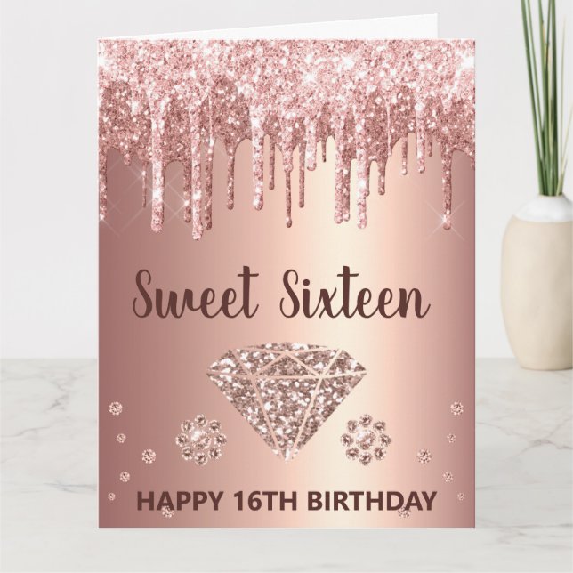Tarjeta Rosa Purpurina de goteo de oro y dulce de diamante (Anverso)