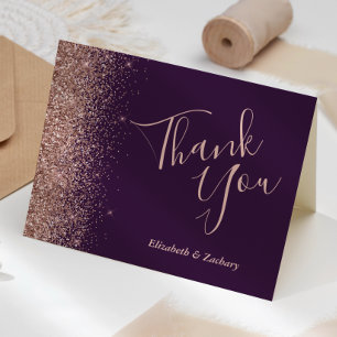 Tarjeta Rosa Purpurina de Oro Boda Púrpura Oscura Gracias