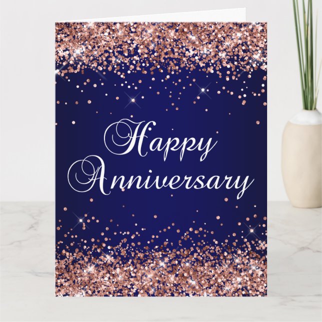Tarjeta Rosa Purpurina de oro Navy Ombre Feliz Aniversario (Anverso)