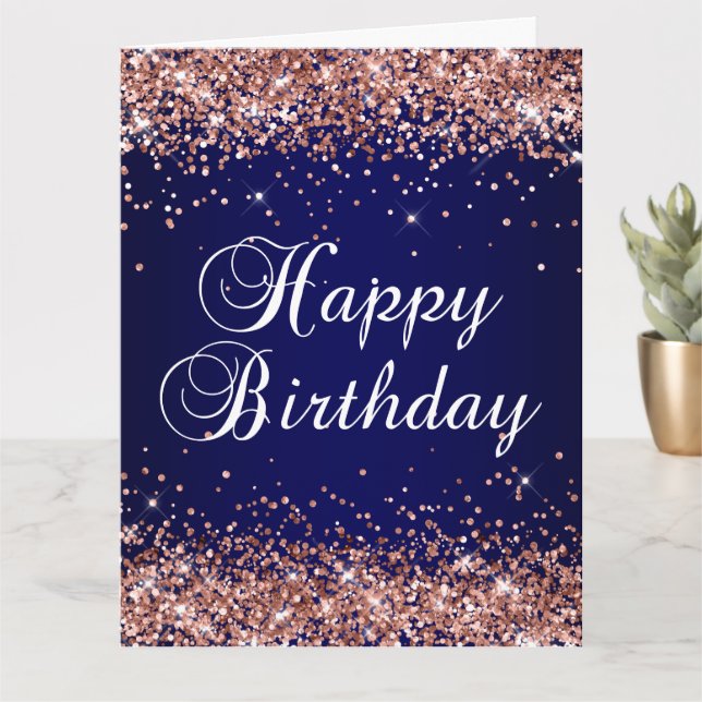 Tarjeta Rosa Purpurina de oro Navy Ombre Feliz cumpleaños  (Planta pequeña)
